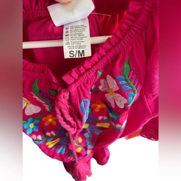 Mexican Embroidered Pink Elastic Waist 3/4 Sleeves Crochet Cotton Mini Dress S/M - Picture 7 of 12